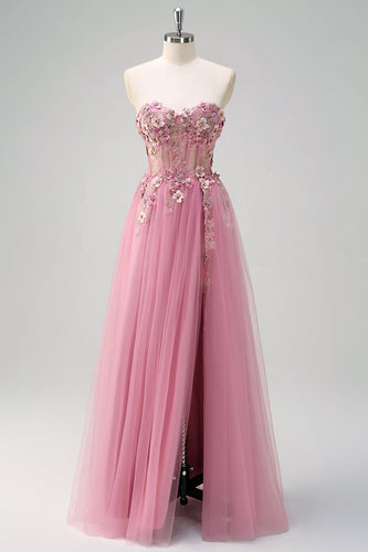 Taro Purple A Line Strapless 3D Flower Corset Prom Dress