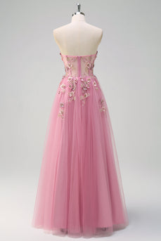 Taro Purple A Line Strapless 3D Flower Corset Prom Dress
