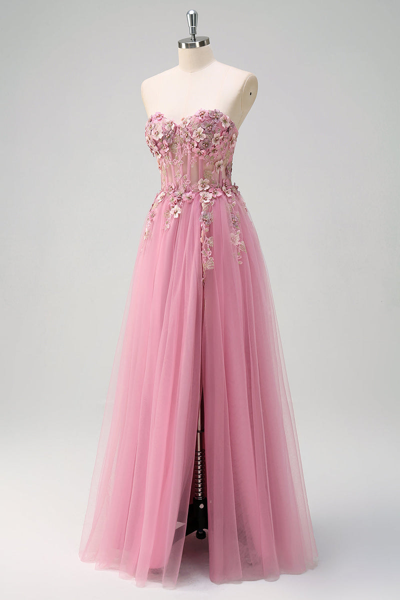 Load image into Gallery viewer, Taro Purple A Line Strapless 3D Flower Corset Prom Dress