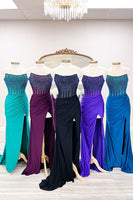 Load image into Gallery viewer, Sparkly Fuchsia Mermaid Beaded Strapless Prom Dress with Slit