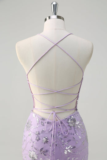 Sparkly Lilac Mermaid Sheer Corset Sequin Prom Dress