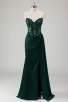 Load image into Gallery viewer, Sparkly Dark Green Mermaid Corset Long Prom Dress with Slit