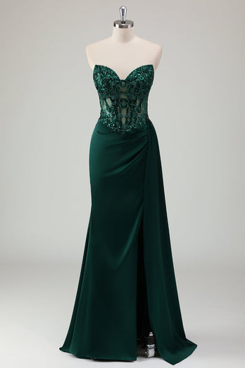 Sparkly Dark Green Mermaid Corset Long Prom Dress with Slit