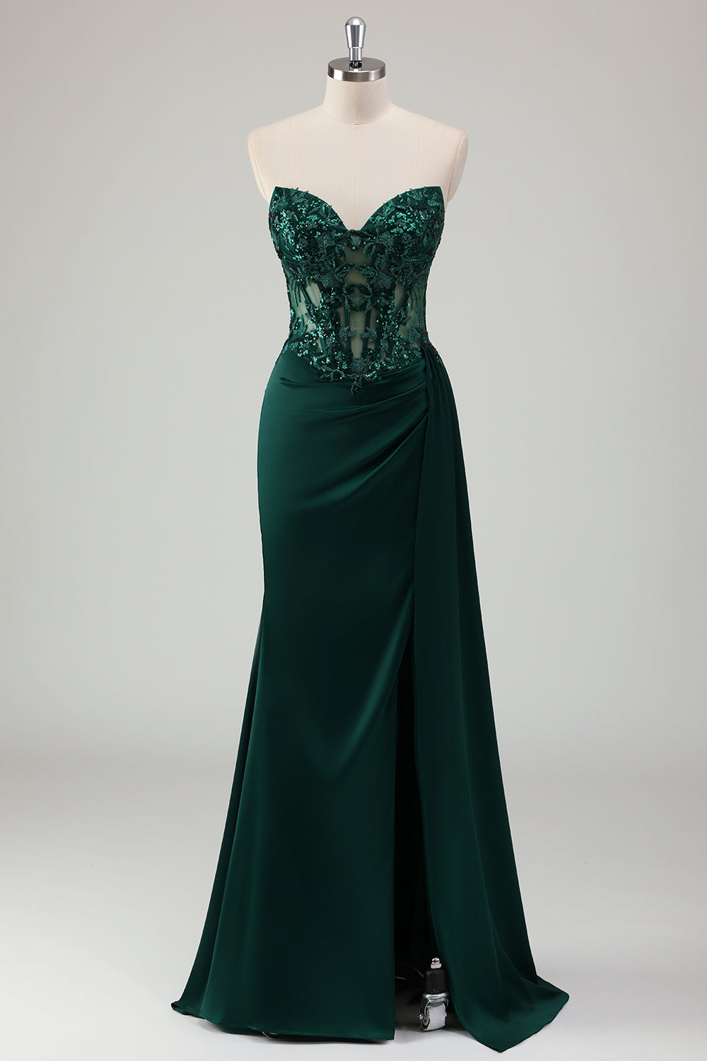 Sparkly Dark Green Mermaid Corset Long Prom Dress with Slit