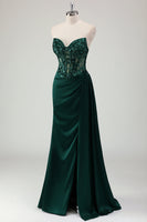 Load image into Gallery viewer, Sparkly Dark Green Mermaid Corset Long Prom Dress with Slit