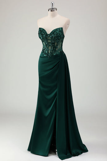 Sparkly Dark Green Mermaid Corset Long Prom Dress with Slit