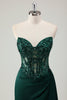 Load image into Gallery viewer, Sparkly Dark Green Mermaid Corset Long Prom Dress with Slit