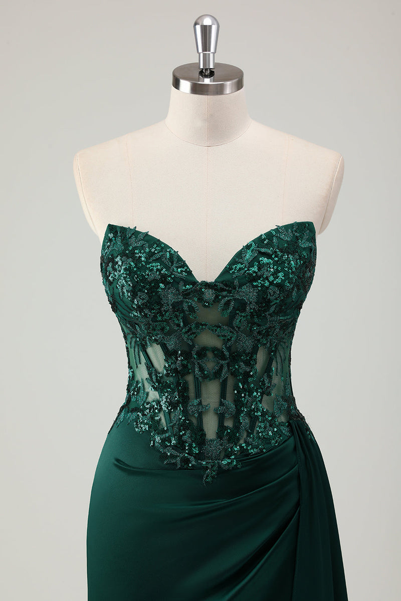 Load image into Gallery viewer, Sparkly Dark Green Mermaid Corset Long Prom Dress with Slit
