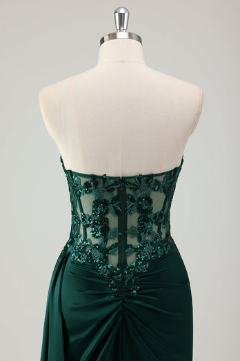 Sparkly Dark Green Mermaid Corset Long Prom Dress with Slit