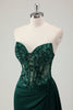 Load image into Gallery viewer, Sparkly Dark Green Mermaid Corset Long Prom Dress with Slit