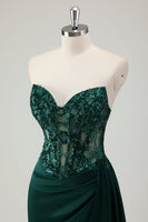Load image into Gallery viewer, Sparkly Dark Green Mermaid Corset Long Prom Dress with Slit