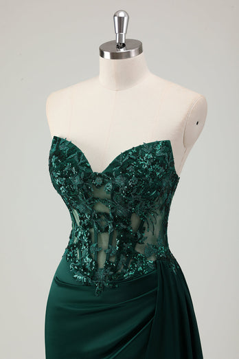 Sparkly Dark Green Mermaid Corset Long Prom Dress with Slit