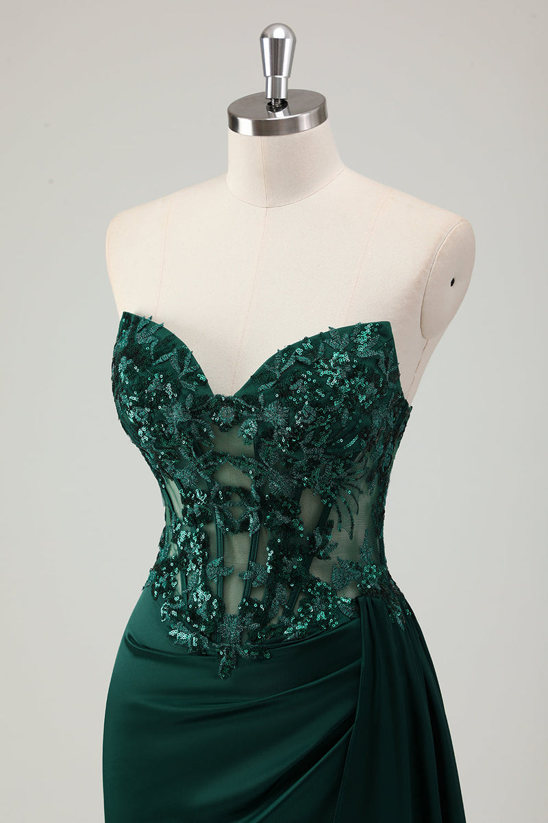 Load image into Gallery viewer, Sparkly Dark Green Mermaid Corset Long Prom Dress with Slit