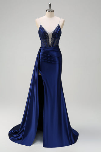 Navy Mermaid V Neck Corset Beaded Prom Dress with Slit