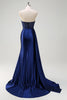 Load image into Gallery viewer, Navy Mermaid V Neck Corset Beaded Prom Dress with Slit