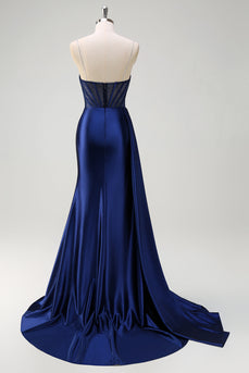 Navy Mermaid V Neck Corset Beaded Prom Dress with Slit