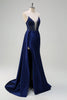 Load image into Gallery viewer, Navy Mermaid V Neck Corset Beaded Prom Dress with Slit