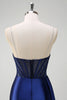 Load image into Gallery viewer, Navy Mermaid V Neck Corset Beaded Prom Dress with Slit