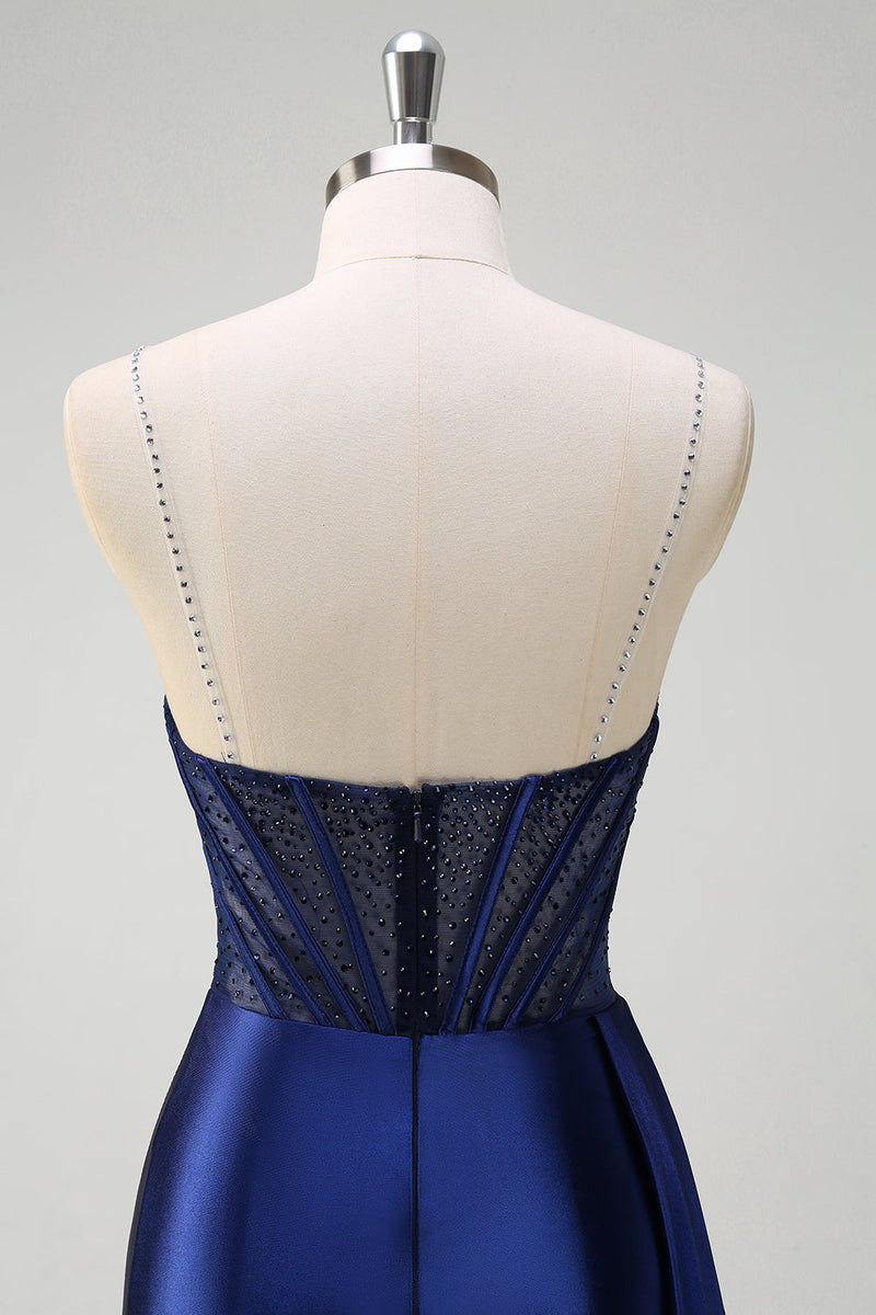 Load image into Gallery viewer, Navy Mermaid V Neck Corset Beaded Prom Dress with Slit