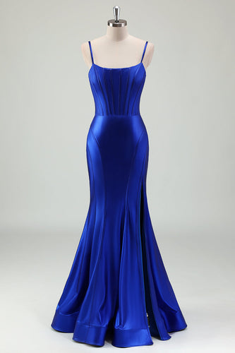Royal Blue Mermaid Corset Long Prom Dress with Slit
