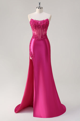 Fuchsia Mermaid Strapless Corset Prom Dress with Slit
