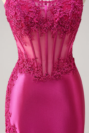 Fuchsia Mermaid Strapless Corset Prom Dress with Slit