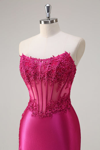 Fuchsia Mermaid Strapless Corset Prom Dress with Slit
