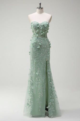 Floral Sage Mermaid Appliqued Long Prom Dress with Slit