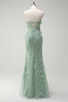Floral Sage Mermaid Appliqued Long Prom Dress with Slit