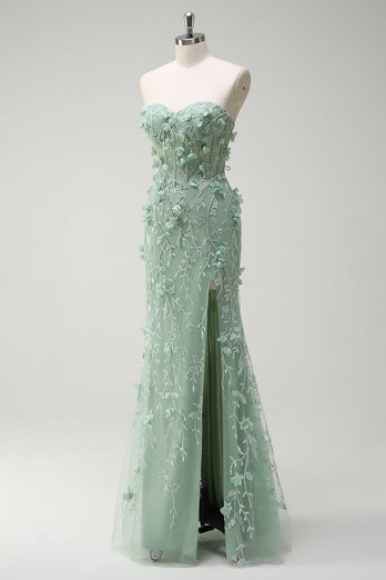 Floral Sage Mermaid Appliqued Long Prom Dress with Slit