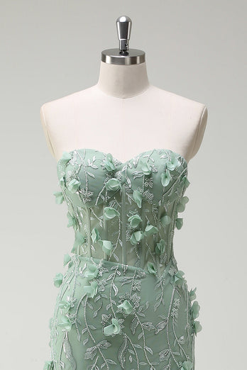 Floral Sage Mermaid Appliqued Long Prom Dress with Slit