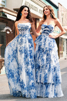 Load image into Gallery viewer, White Blue Flower A-Line Strapless Tiered Long Prom Dress with Bows