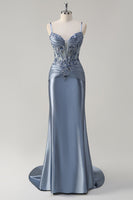 Load image into Gallery viewer, Grey Blue Mermaid Spaghetti Straps Corset Prom Dress