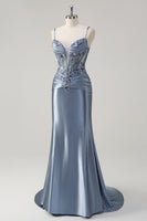 Load image into Gallery viewer, Grey Blue Mermaid Spaghetti Straps Corset Prom Dress