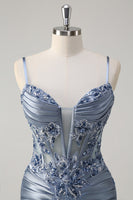 Load image into Gallery viewer, Grey Blue Mermaid Spaghetti Straps Corset Prom Dress