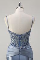 Load image into Gallery viewer, Grey Blue Mermaid Spaghetti Straps Corset Prom Dress