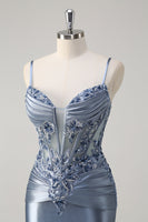 Load image into Gallery viewer, Grey Blue Mermaid Spaghetti Straps Corset Prom Dress