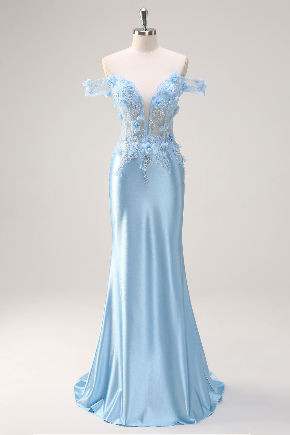 Off The Shoulder Sky Blue Mermaid Corset Floral Long Prom Dress