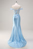 Load image into Gallery viewer, Off The Shoulder Sky Blue Mermaid Corset Floral Long Prom Dress
