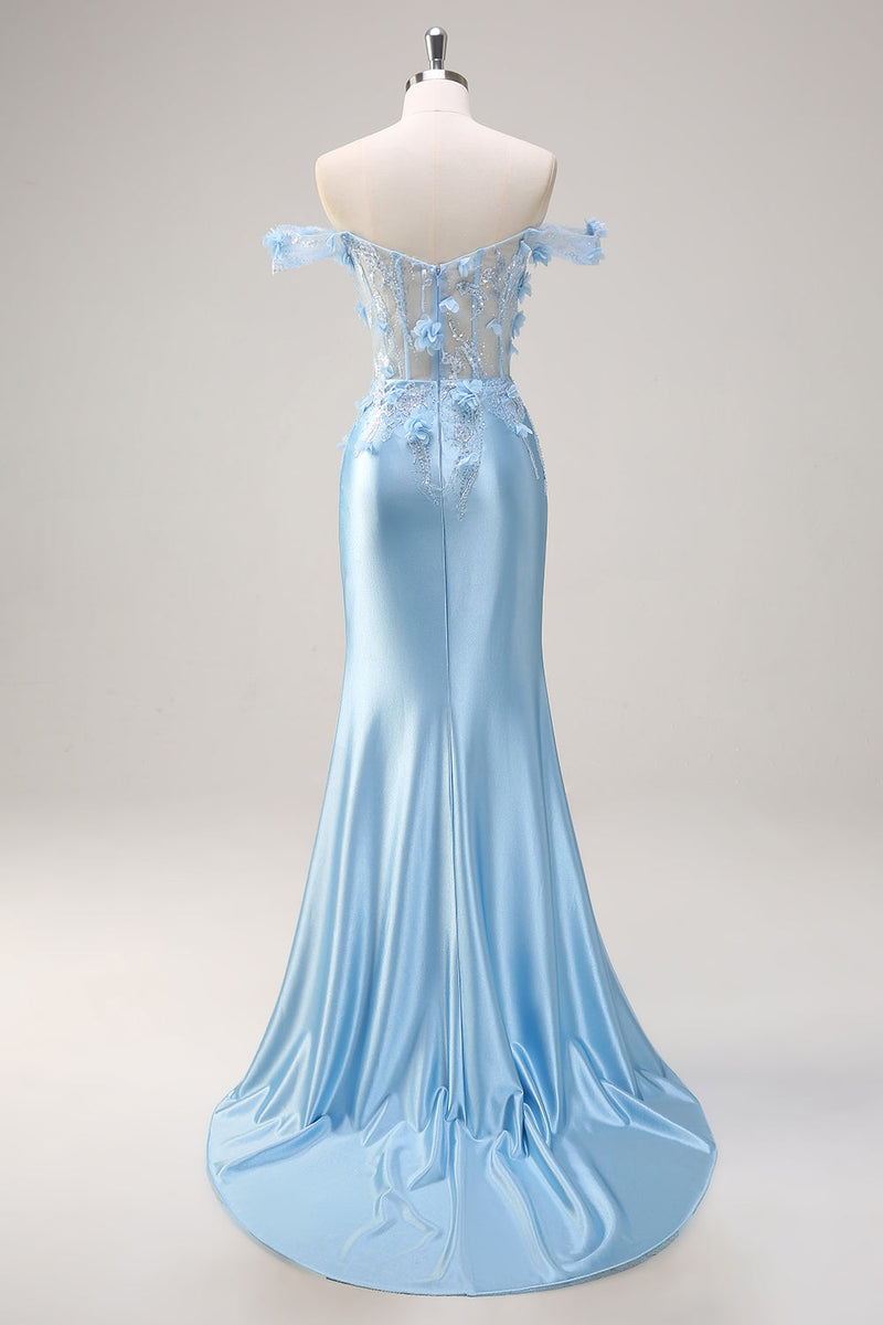 Load image into Gallery viewer, Off The Shoulder Sky Blue Mermaid Corset Floral Long Prom Dress