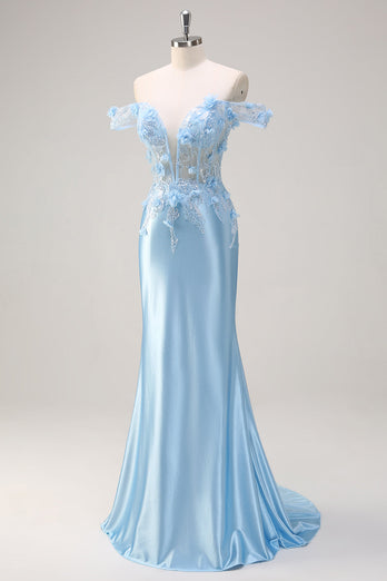 Off The Shoulder Sky Blue Mermaid Corset Floral Long Prom Dress