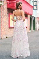 Load image into Gallery viewer, Pink A Line Spaghetti Straps Floral Sequin Prom Dress