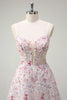 Load image into Gallery viewer, Pink A Line Spaghetti Straps Floral Sequin Prom Dress