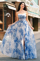 Load image into Gallery viewer, White Blue Flower A-Line Spaghetti Straps Ruched Corset Long Prom Dress With Slit