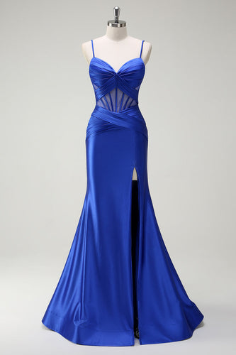Royal Blue Mermaid Satin Corset Long Prom Dress with Slit