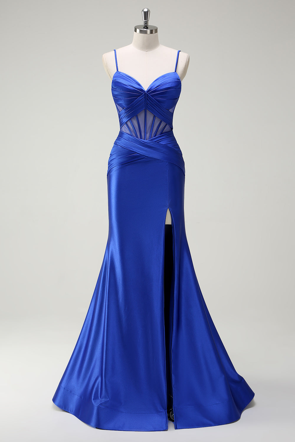 Royal Blue Mermaid Satin Corset Long Prom Dress with Slit