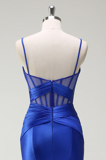 Royal Blue Mermaid Satin Corset Long Prom Dress with Slit