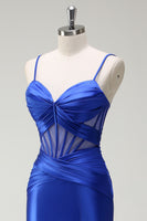 Load image into Gallery viewer, Royal Blue Mermaid Satin Corset Long Prom Dress with Slit