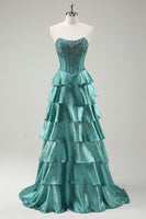 Load image into Gallery viewer, Tiered Peacock Green Strapless Long Prom Dress with Beading