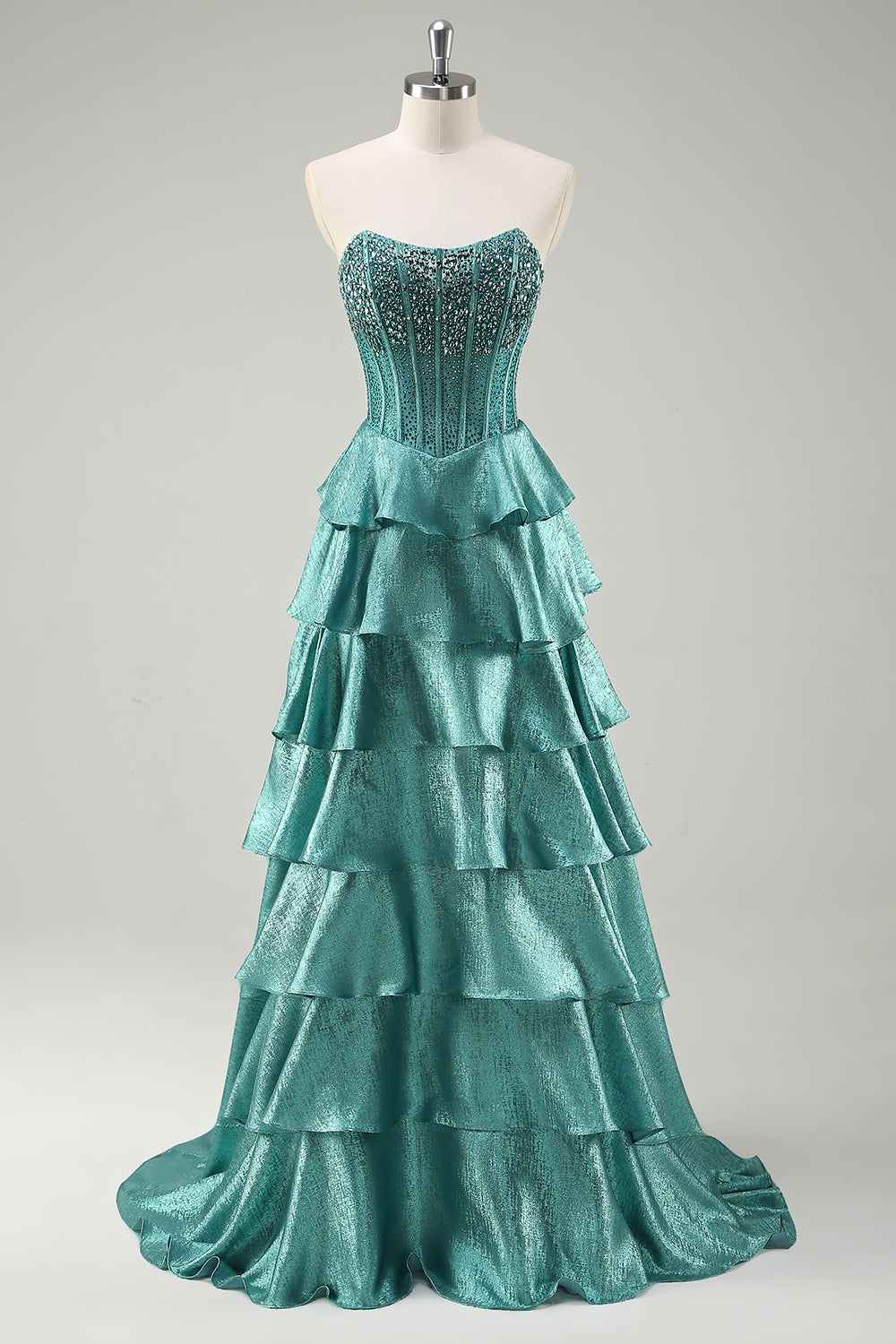 Tiered Peacock Green Strapless Long Prom Dress with Beading